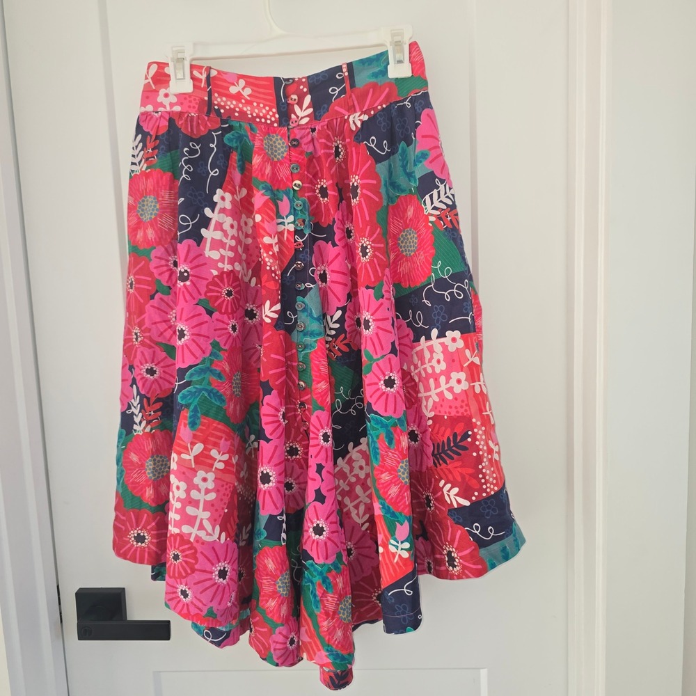 Carolina K Floral Patchwork Button Front Midi Skirt Pink Red Blue Small